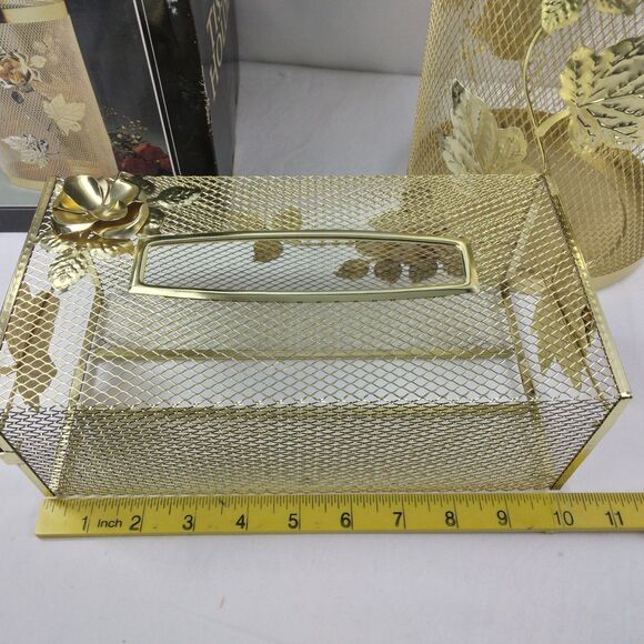 Brass Filigree Tissue Box Holder Cover Roses Garbage Can Vintage MCM - Picture 11 of 11